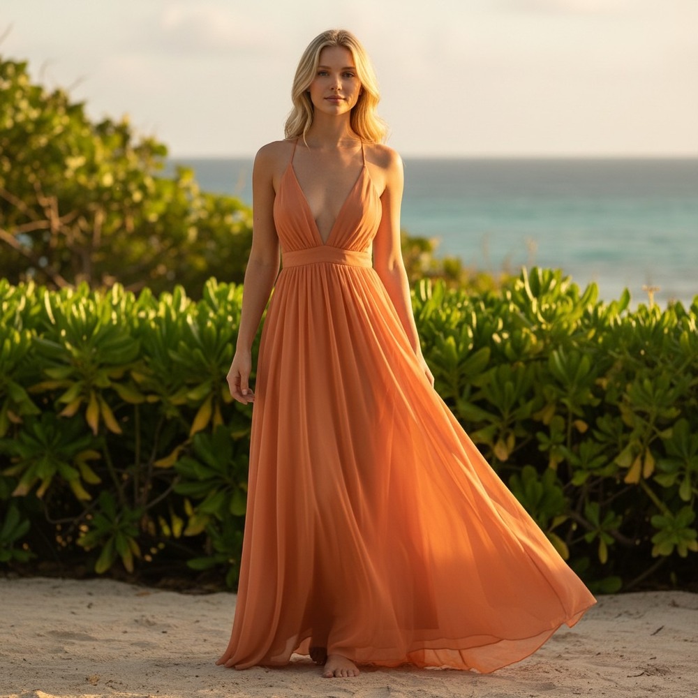 Meghan Los Angeles Coral‎ Orange Chiffon V-Neck Maxi Gown Dress Womens XL NWT